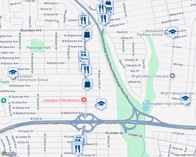 map of restaurants, bars, coffee shops, grocery stores, and more near 192 North Michigan Avenue in Massapequa