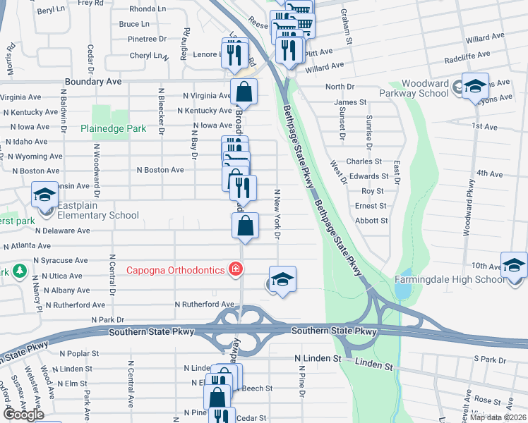 map of restaurants, bars, coffee shops, grocery stores, and more near 192 North Michigan Avenue in Massapequa
