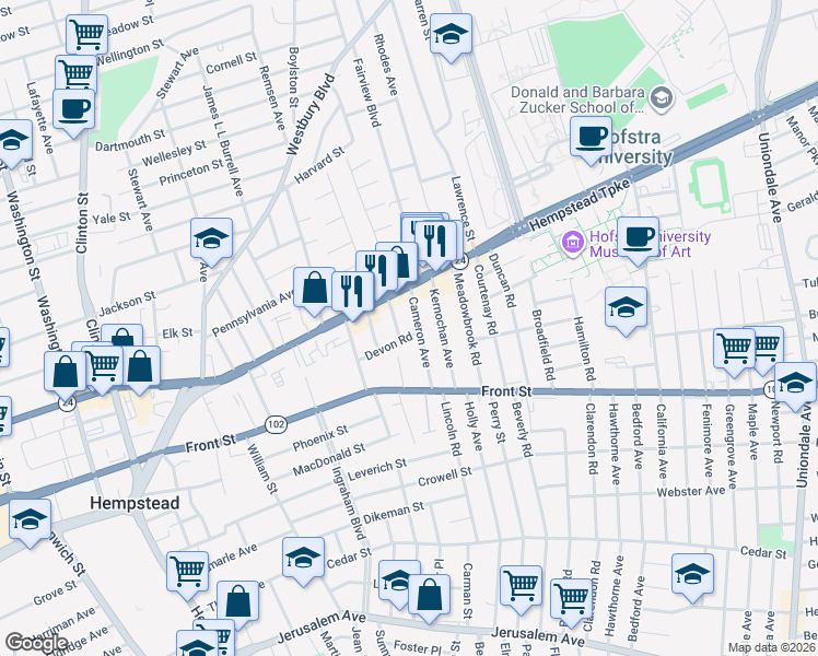 map of restaurants, bars, coffee shops, grocery stores, and more near 35 Cameron Avenue in Hempstead
