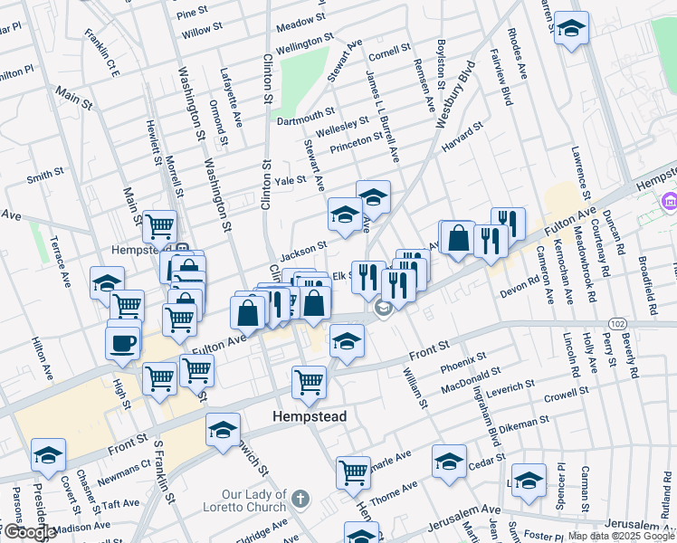 map of restaurants, bars, coffee shops, grocery stores, and more near 15-35 Elk Street in Hempstead