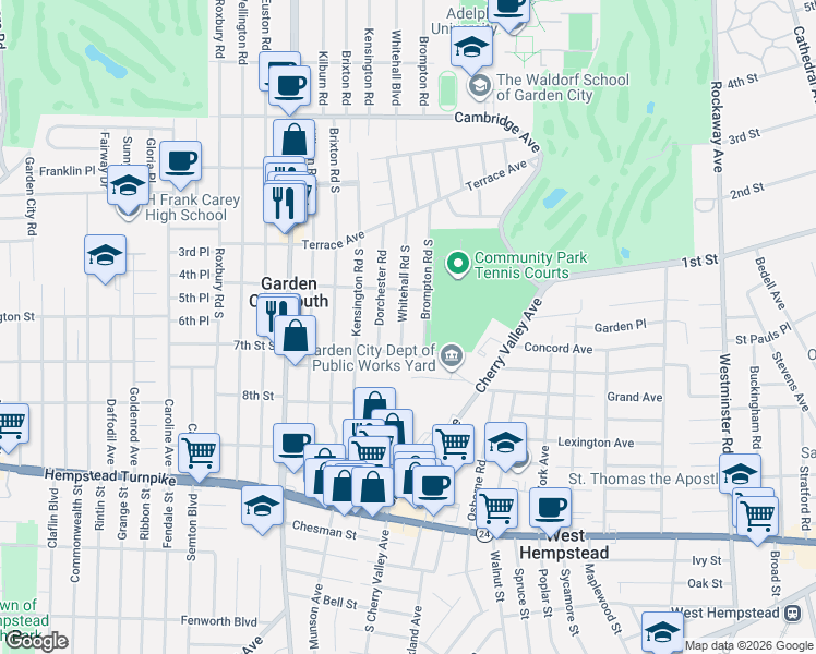 map of restaurants, bars, coffee shops, grocery stores, and more near 185 Brompton Road South in Garden City