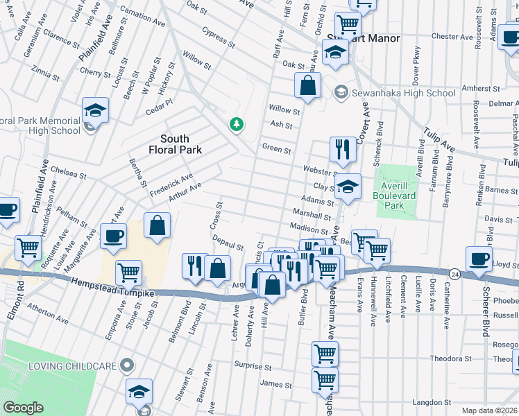 map of restaurants, bars, coffee shops, grocery stores, and more near 1493 Marshall Street in Elmont
