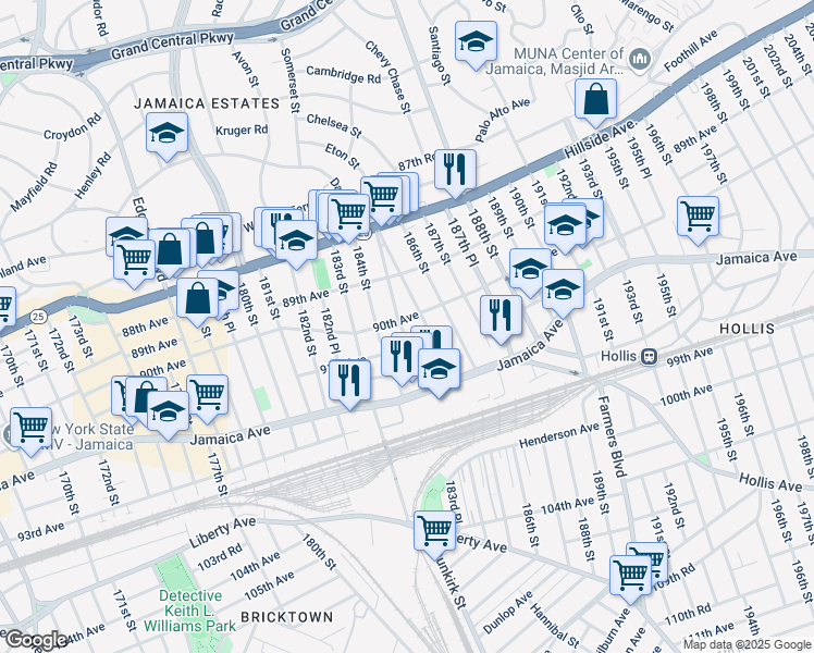 map of restaurants, bars, coffee shops, grocery stores, and more near 90-01 184th Place in Queens