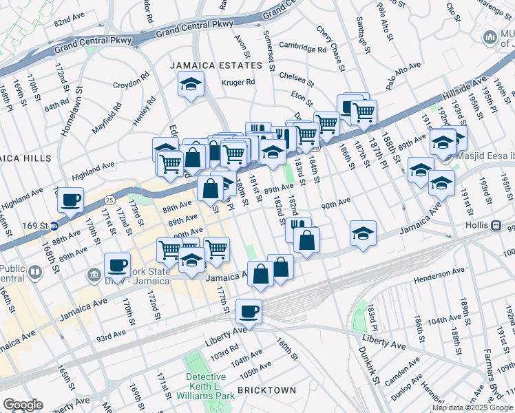map of restaurants, bars, coffee shops, grocery stores, and more near 181-11 90th Avenue in Queens