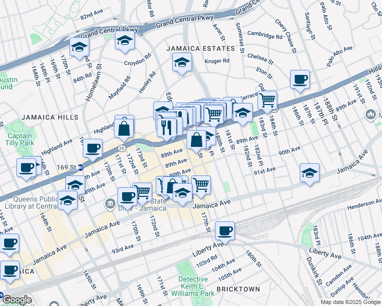 map of restaurants, bars, coffee shops, grocery stores, and more near 8805 178th Street in Queens