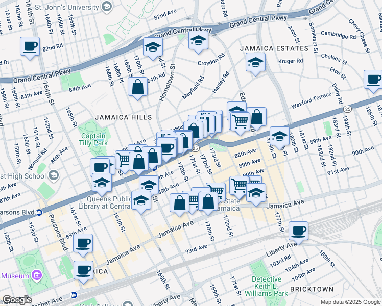 map of restaurants, bars, coffee shops, grocery stores, and more near 170-25 Hillside Avenue in Queens