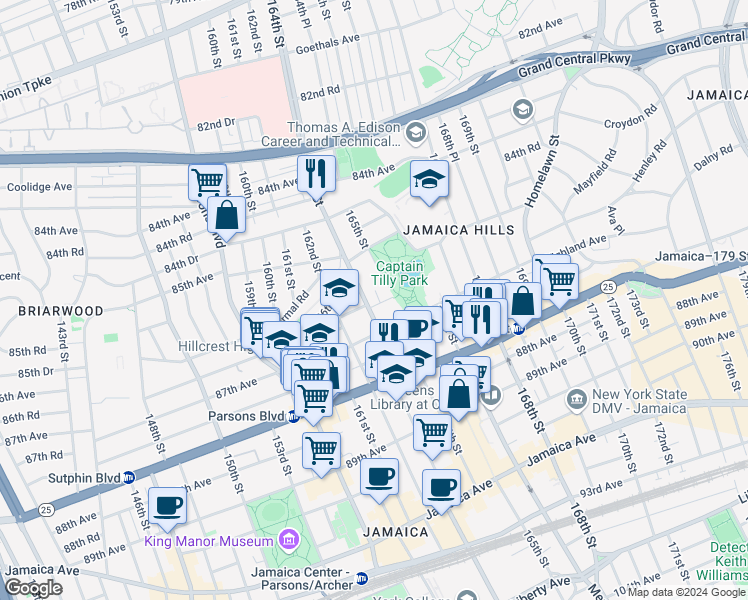 map of restaurants, bars, coffee shops, grocery stores, and more near 164-15 86th Road in Queens