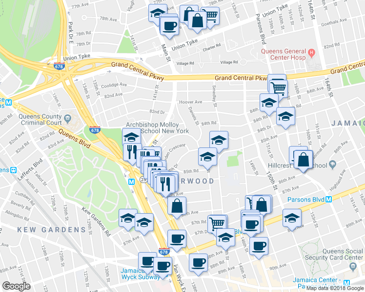 map of restaurants, bars, coffee shops, grocery stores, and more near 140-97 Burden Crescent in Queens