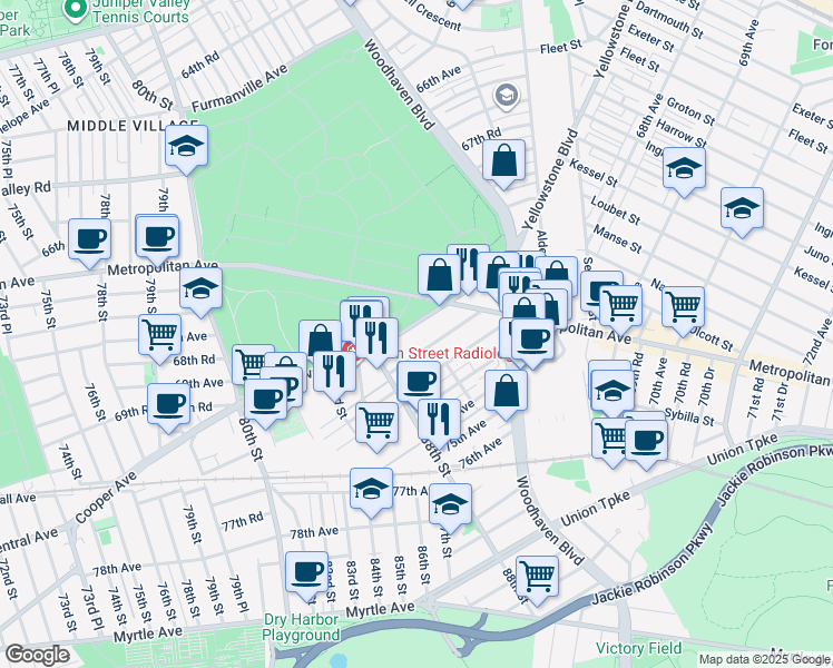 map of restaurants, bars, coffee shops, grocery stores, and more near 88-58 Cooper Avenue in Queens
