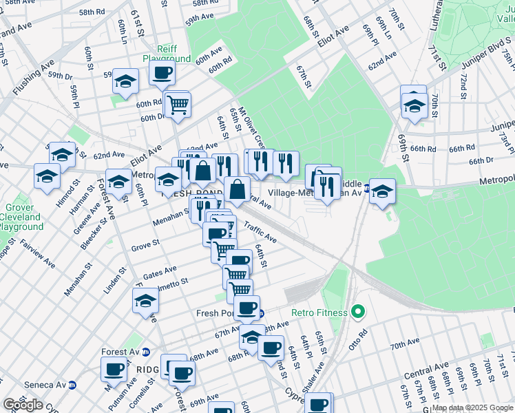 map of restaurants, bars, coffee shops, grocery stores, and more near 64-58 Admiral Avenue in Queens