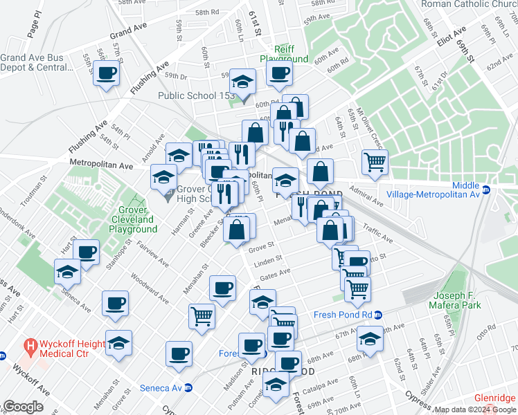 map of restaurants, bars, coffee shops, grocery stores, and more near 62-78 60th Place in Queens