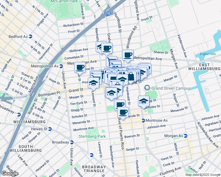 map of restaurants, bars, coffee shops, grocery stores, and more near 702 Grand Street in Brooklyn