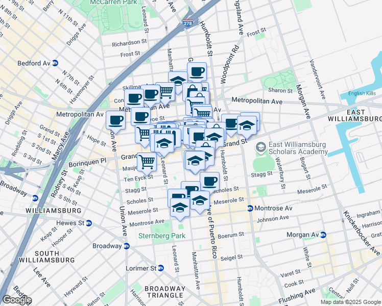 map of restaurants, bars, coffee shops, grocery stores, and more near 672 Grand Street in Brooklyn