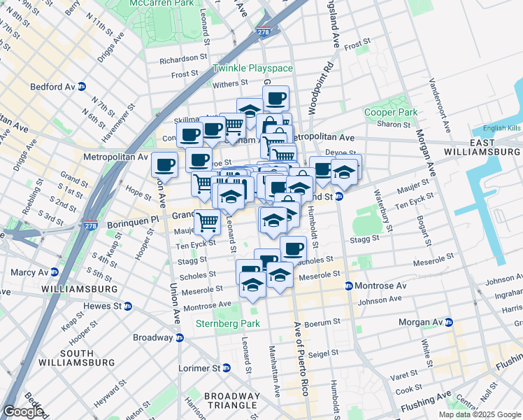 map of restaurants, bars, coffee shops, grocery stores, and more near 672 Grand Street in Brooklyn