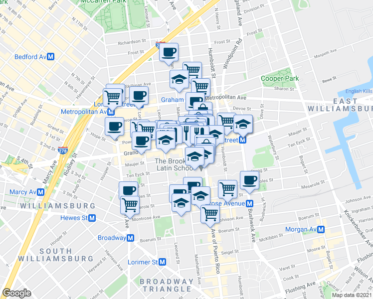 map of restaurants, bars, coffee shops, grocery stores, and more near 672 Grand Street in Brooklyn