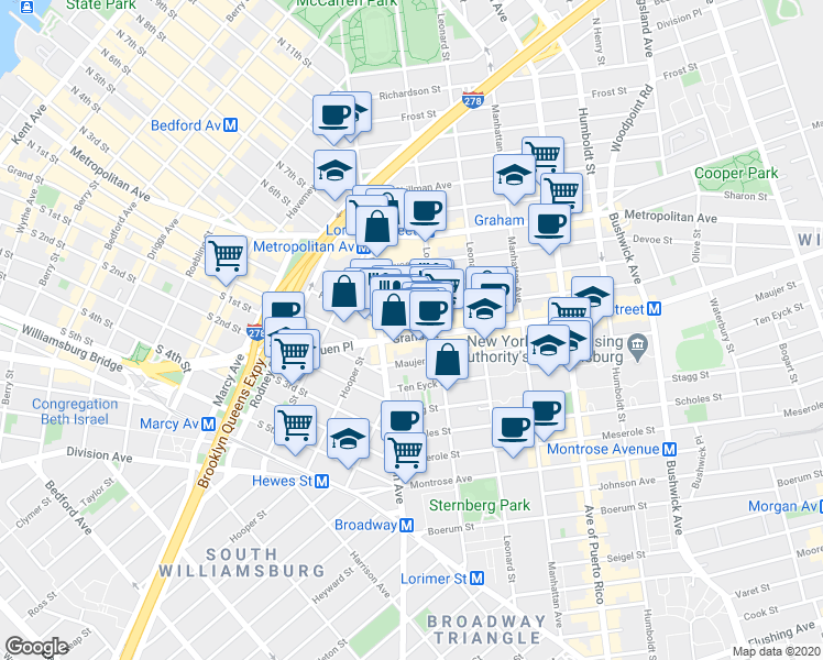 map of restaurants, bars, coffee shops, grocery stores, and more near 30 Powers Street in Brooklyn