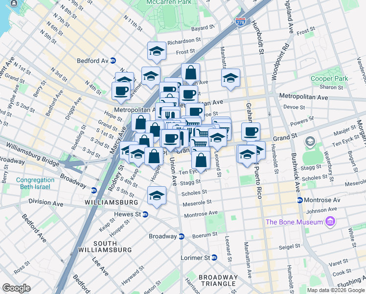 map of restaurants, bars, coffee shops, grocery stores, and more near 30 Powers Street in Brooklyn
