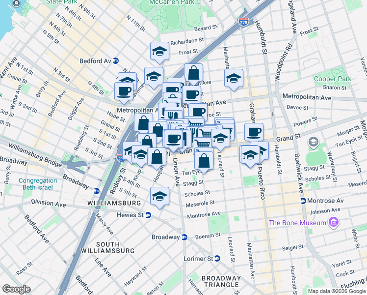 map of restaurants, bars, coffee shops, grocery stores, and more near 30 Powers Street in Brooklyn