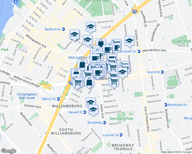 map of restaurants, bars, coffee shops, grocery stores, and more near 184 Hope Street in Brooklyn