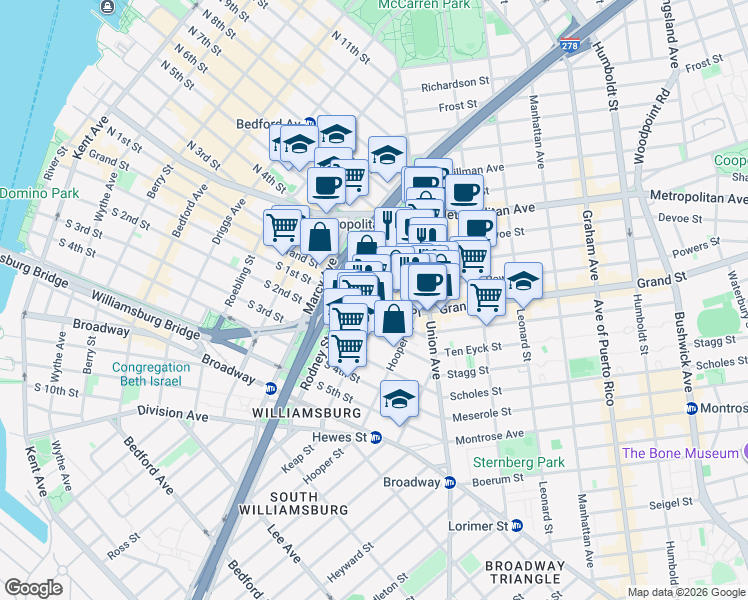 map of restaurants, bars, coffee shops, grocery stores, and more near 416 Keap Street in Brooklyn