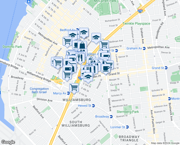 map of restaurants, bars, coffee shops, grocery stores, and more near 404 Rodney Street in Brooklyn
