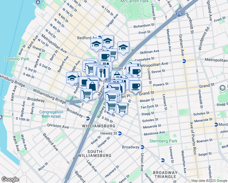map of restaurants, bars, coffee shops, grocery stores, and more near 404 Rodney Street in Brooklyn