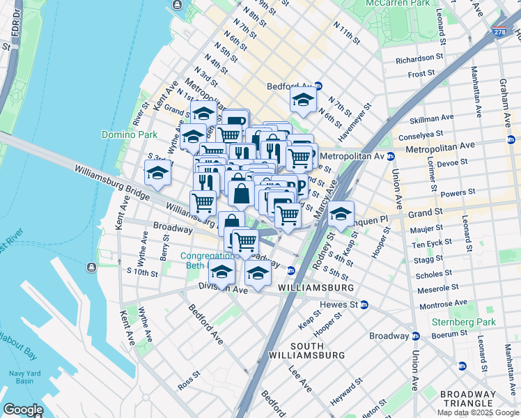 map of restaurants, bars, coffee shops, grocery stores, and more near 186 South 3rd Street in Brooklyn
