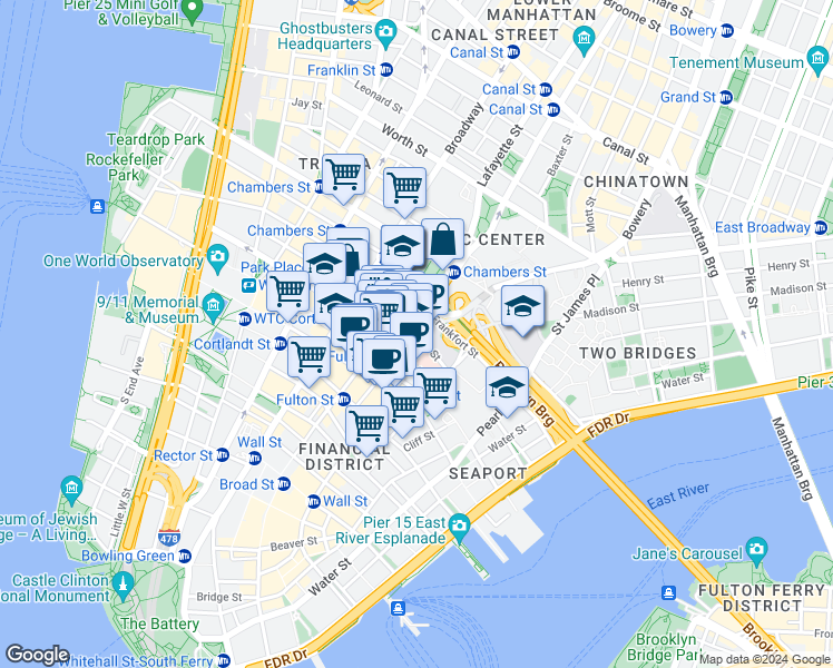 map of restaurants, bars, coffee shops, grocery stores, and more near in New York