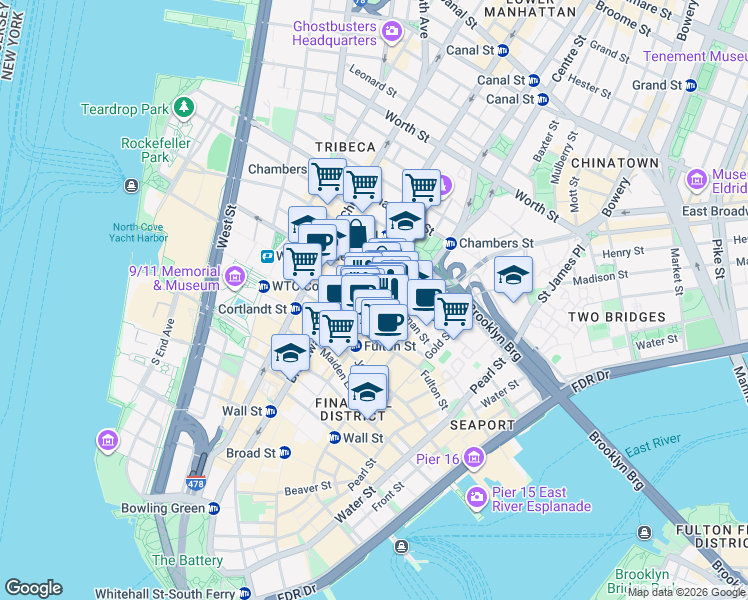 map of restaurants, bars, coffee shops, grocery stores, and more near 1 Beekman Street in New York