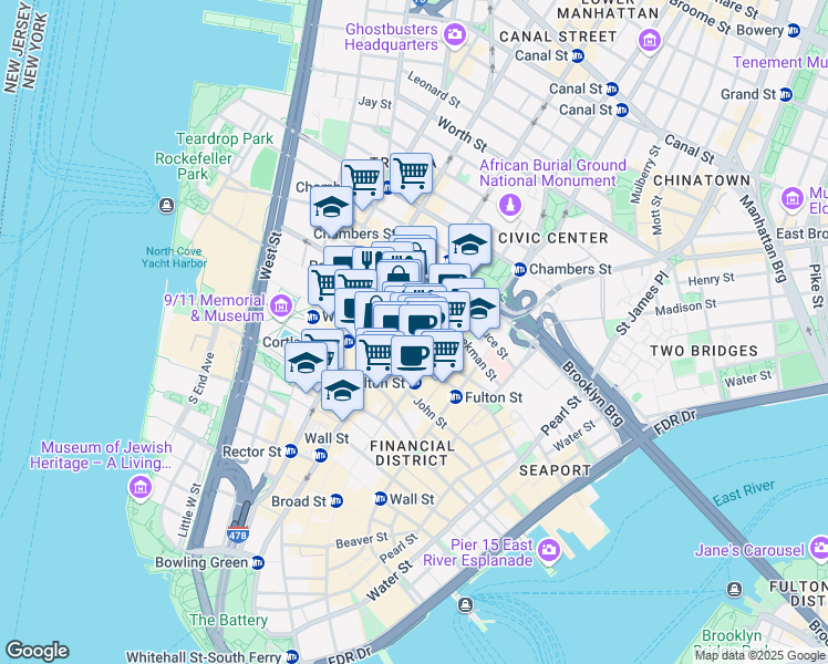 map of restaurants, bars, coffee shops, grocery stores, and more near 225 Broadway in New York
