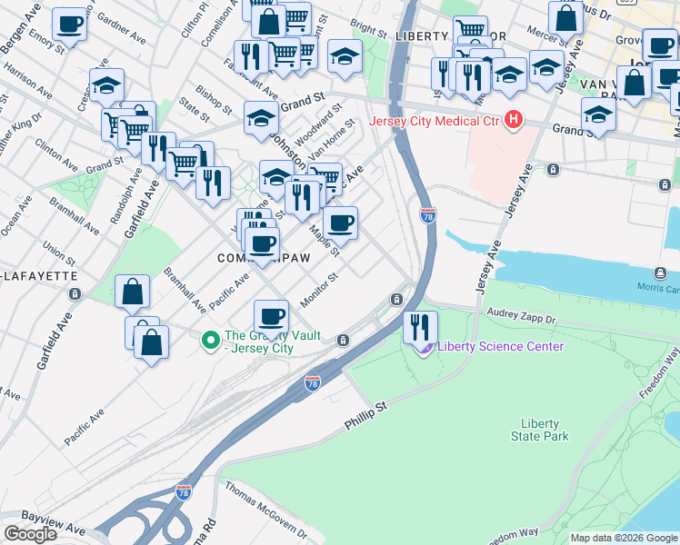 map of restaurants, bars, coffee shops, grocery stores, and more near 56 Maple Street in Jersey City