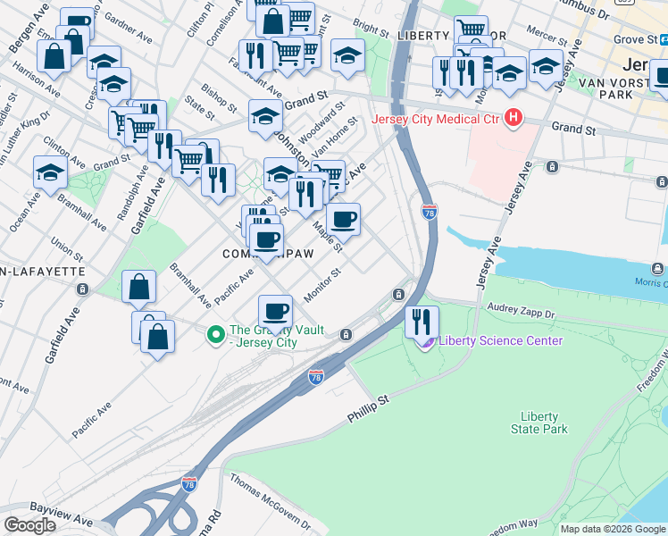 map of restaurants, bars, coffee shops, grocery stores, and more near 248 Pine Street in Jersey City