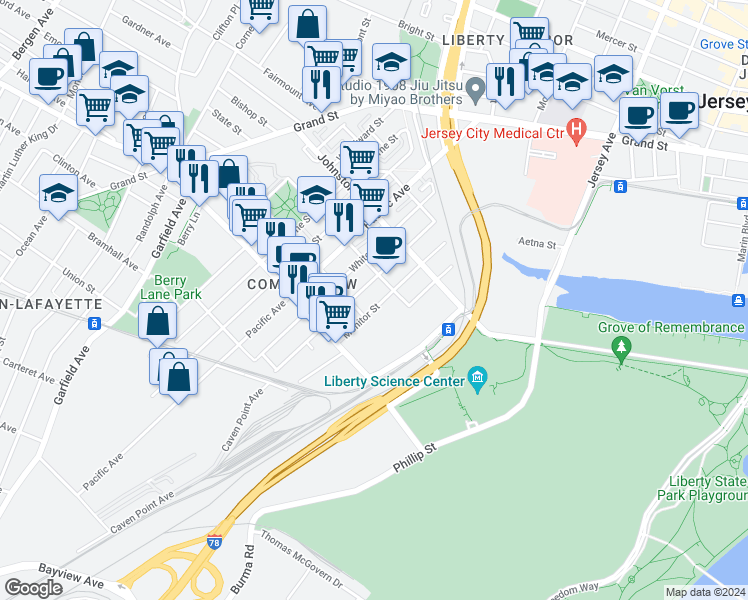 map of restaurants, bars, coffee shops, grocery stores, and more near 248 Pine Street in Jersey City