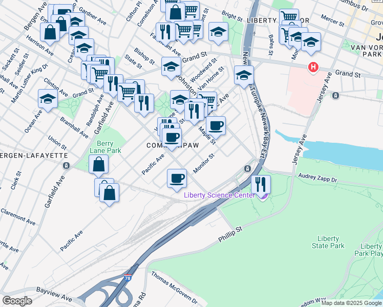 map of restaurants, bars, coffee shops, grocery stores, and more near 304 Whiton Street in Jersey City