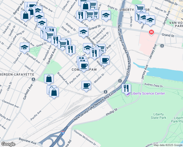 map of restaurants, bars, coffee shops, grocery stores, and more near 304 Whiton Street in Jersey City