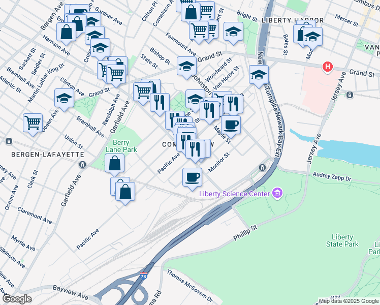 map of restaurants, bars, coffee shops, grocery stores, and more near in Jersey City