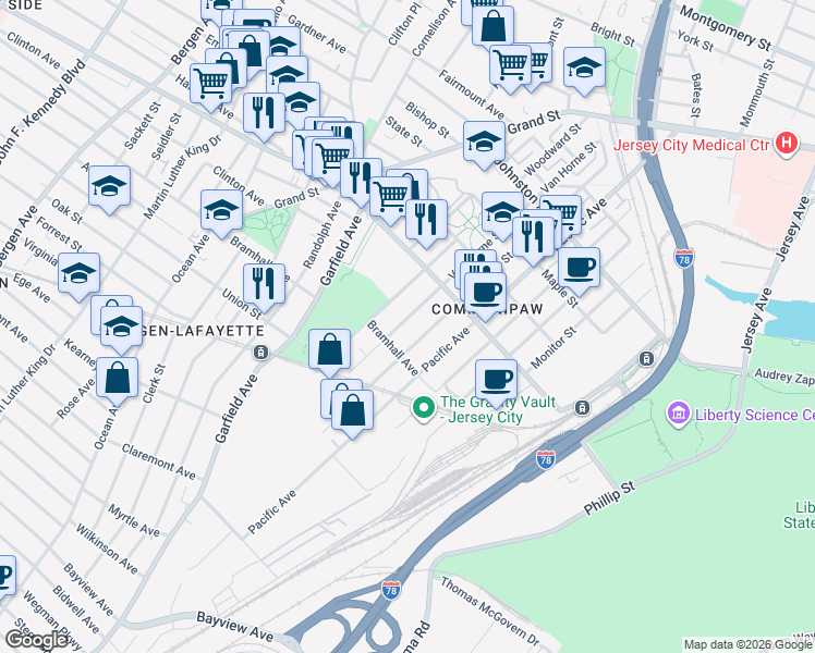 map of restaurants, bars, coffee shops, grocery stores, and more near 163 Van Horne Street in Jersey City