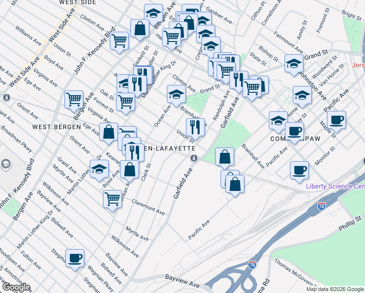 map of restaurants, bars, coffee shops, grocery stores, and more near 23 Union Street in Jersey City