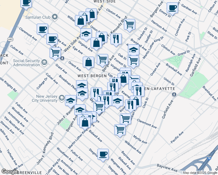 map of restaurants, bars, coffee shops, grocery stores, and more near 104 Orient Avenue in Jersey City