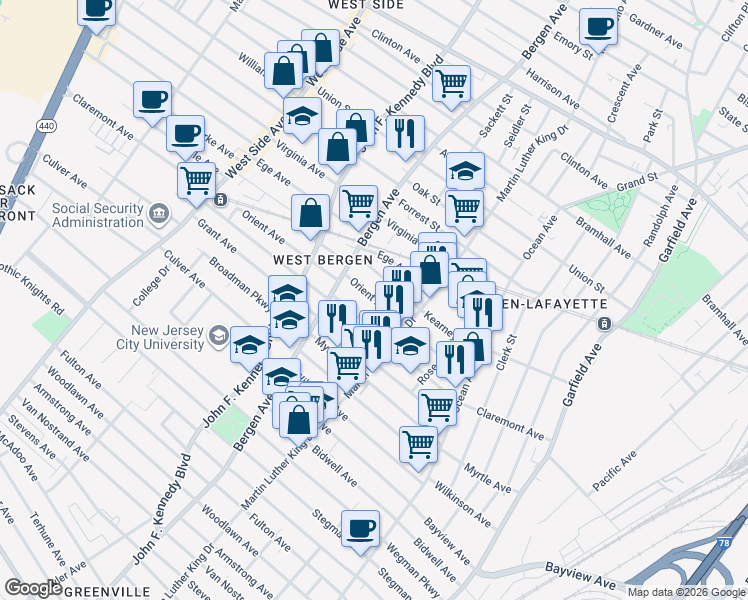 map of restaurants, bars, coffee shops, grocery stores, and more near 104 Orient Avenue in Jersey City