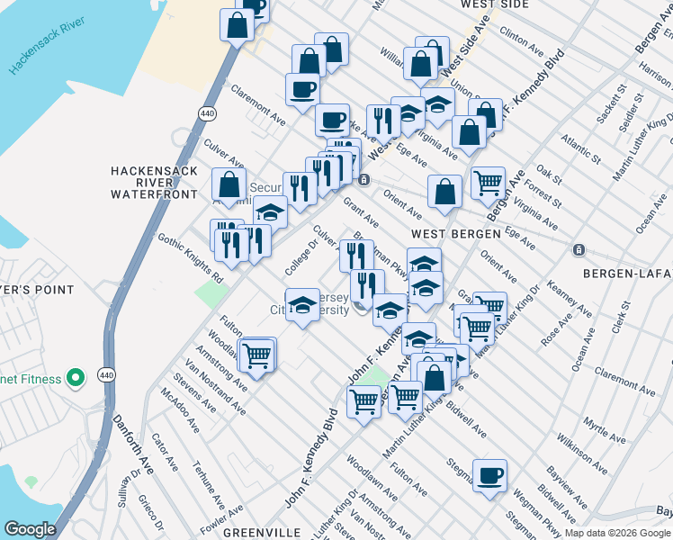 map of restaurants, bars, coffee shops, grocery stores, and more near 53 Towers Street in Jersey City