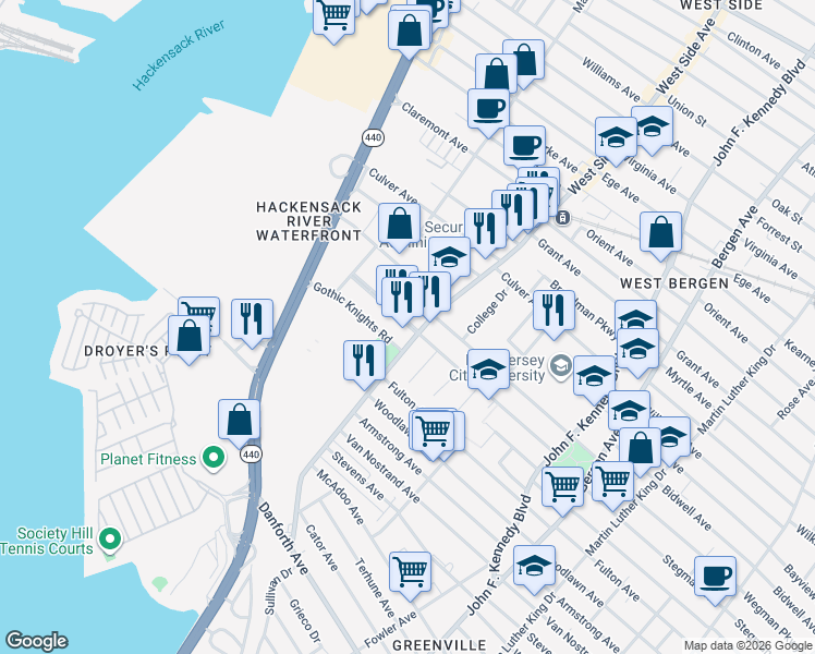 map of restaurants, bars, coffee shops, grocery stores, and more near 179 West Side Avenue in Jersey City