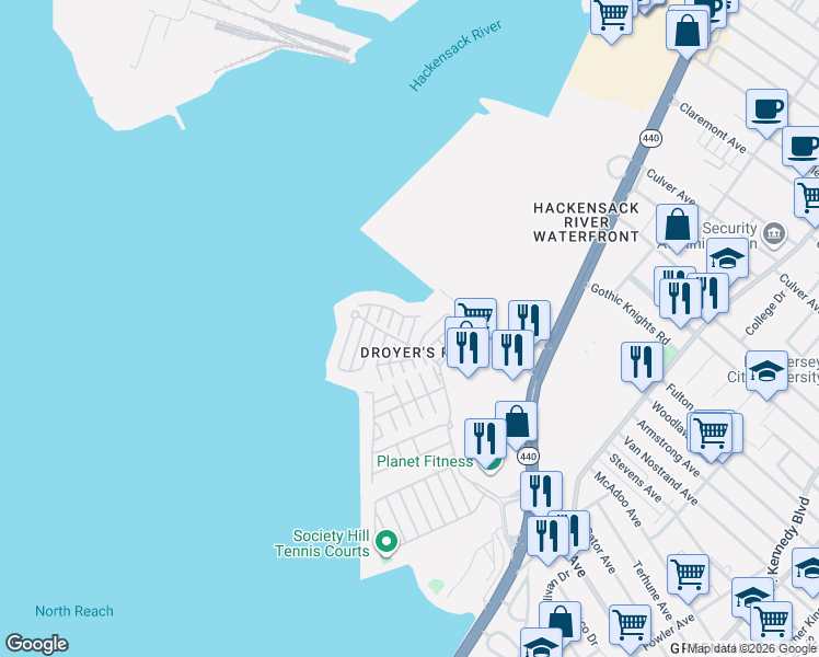 map of restaurants, bars, coffee shops, grocery stores, and more near 1 Alexander Court in Jersey City