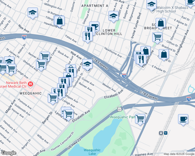 map of restaurants, bars, coffee shops, grocery stores, and more near 323-325 Meeker Avenue in Newark