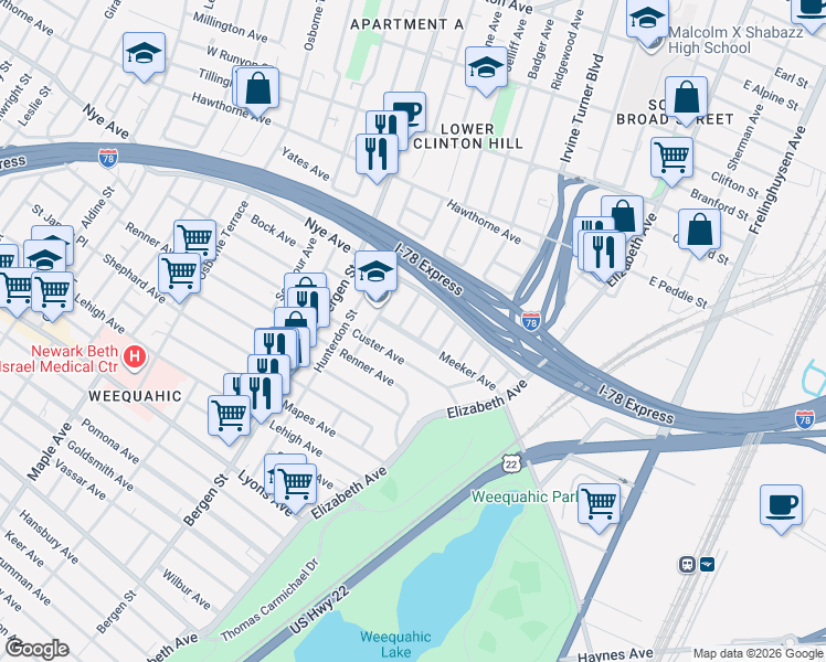 map of restaurants, bars, coffee shops, grocery stores, and more near 323-325 Meeker Avenue in Newark