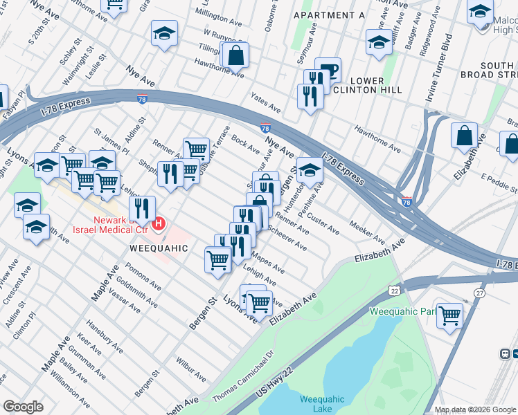 map of restaurants, bars, coffee shops, grocery stores, and more near 166 Renner Avenue in Newark