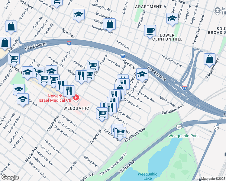 map of restaurants, bars, coffee shops, grocery stores, and more near 151 Scheerer Avenue in Newark