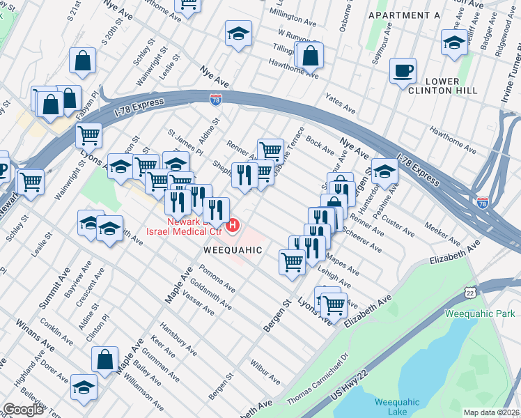 map of restaurants, bars, coffee shops, grocery stores, and more near 333 Osborne Terrace in Newark