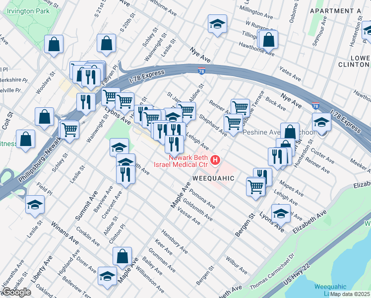 map of restaurants, bars, coffee shops, grocery stores, and more near 14 Irving Avenue in Newark