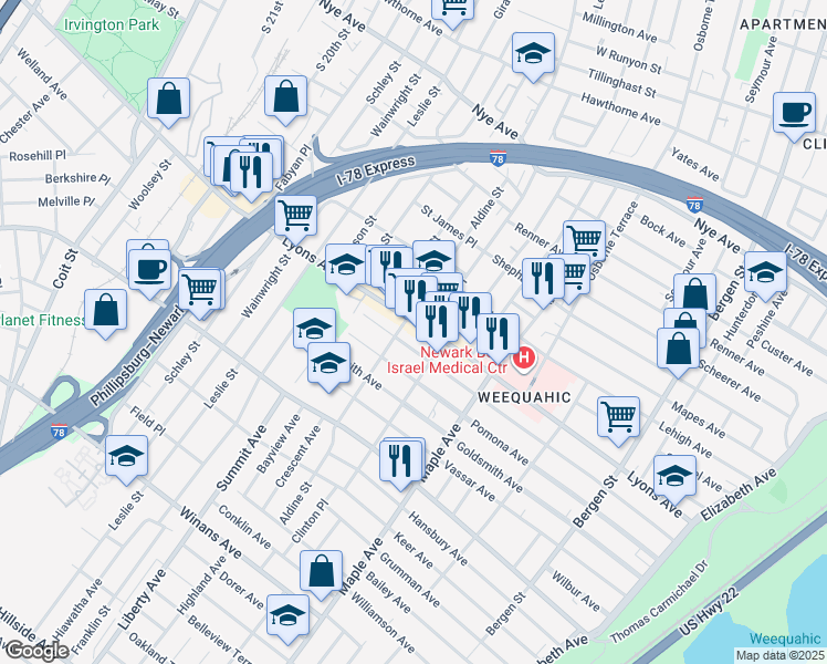 map of restaurants, bars, coffee shops, grocery stores, and more near in Newark